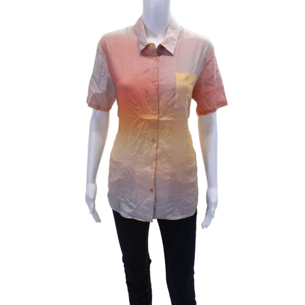 Veda Women's Collared Short Sleeves Button Down Shirt Ombre Size S
